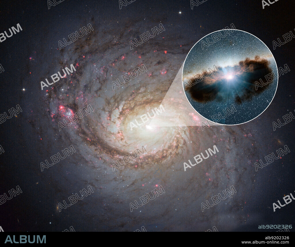 Galaxy NGC 1068 can be seen in close-up in this view from NASA's Hubble Space Telescope. NuSTAR's high-energy X-rays eyes were able to obtain the best view yet into the hidden lair of the galaxy's central, supermassive black hole. This active black hole - shown as an illustration in the zoomed-in inset - is one of the most obscured known, meaning that it is surrounded by extremely thick clouds of gas and dust. The NuSTAR data revealed that the torus of gas and dust surrounding the black hole, also referred to as a doughnut, is more clumpy than previously thought. doughnuts around active, supermassive black holes were originally proposed in the mid-1980s to be smooth entities. More recently, researchers have been finding that doughnuts are not so smooth but have lumps. NuSTAR's latest finding shows that this is true for even the thickest of doughnuts. Release date December 17, 2015.