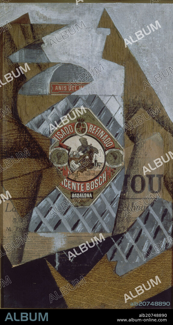 JUAN GRIS. 'La botella de anís', 1914, Óleo, collage y grafito sobre lienzo, 41,8 x 24 cm, AD01818.