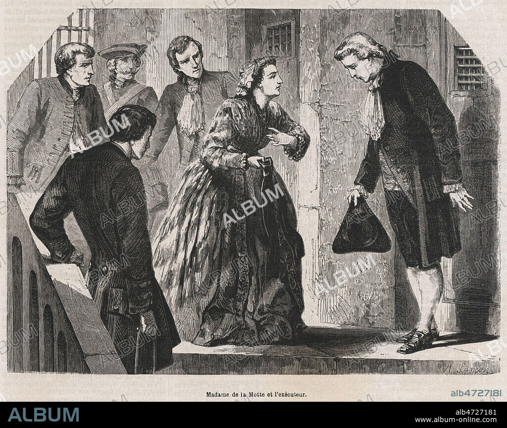 Mme de LA MOTTE (1756-1791) et l'executeur Charles Henri SANSON (1739-1806). Illustration de Andre LANCON (1836-1885) pour Les Mémoires des Sanson par Henri-Clement SANSON (1799-1889) reprises dans Le Nouveau Journal du 25 juin 1864. Credit : Collection Jonas/Kharbine-Tapabor.