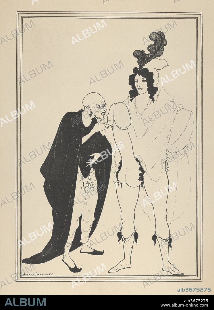 The Examination of the Herald - "The Lysistrata of Aristophanes". Artist: Aubrey Vincent Beardsley (British, Brighton, Sussex 1872-1898 Menton). Dimensions: Image: 10 × 7 in. (25.4 × 17.8 cm)
Sheet: 17 3/16 × 9 15/16 in. (43.7 × 25.3 cm). Subject: Aristophanes (Greek, ca. 446-ca. 386 BC). Date: ca. 1926.
This print reproduces one of eight drawing Beardsleys made to illustrate the Greek comic play "Lysistrata" for a privately printed edition issued by Leonard Smithers in 1896, reprinted here around 1926 either in London or Paris.