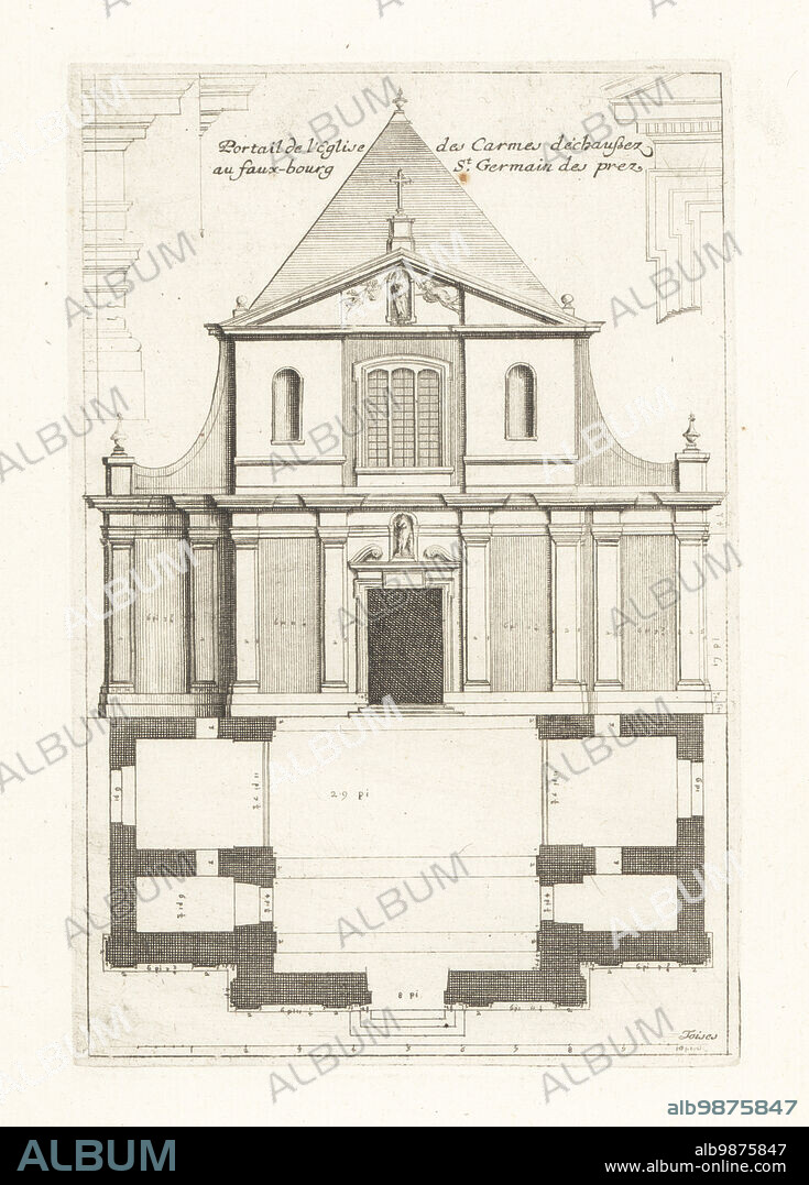 Front of the church of Saint-Joseph-des-Carmes, 70 rue de Vaugirard, Paris, built in 1620 for the Shoeless Carmelites with a classical exterior and Baroque interior. Portail de l'eglise des Carmes dechasses, au faux-bourg St. Germain des Prez. Copperplate engraving drawn and engraved by Jean Marot from his Recueil des Plans, Profils et Elevations de Plusieurs Palais, Chasteaux, Eglises, Sepultures, Grotes et Hotels, Collection of Plans, Profiles and Elevations of Palaces, Castles, Churches, Tombs, Grottos and Hotels, chez Mariette, Paris, 1655.