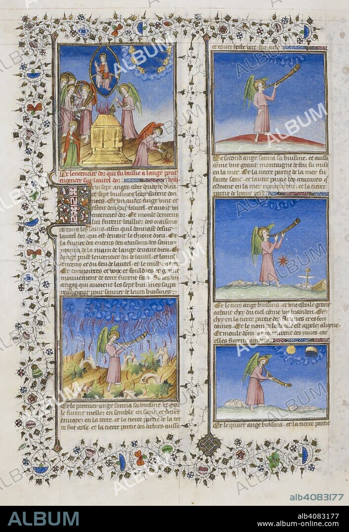 Five scenes from the Apocalypse. Bible Historiale. France, 1411. Source: Royal 19 D. III volume II, f.597v. Language: French.