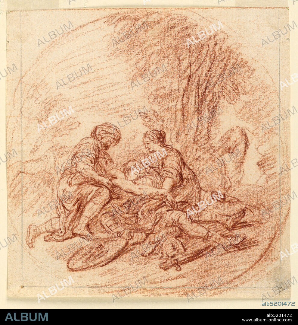 Erminia and Vafrino Tending the Wounded Tancred after the Battle of Argento [Tancrède secouru par Herminie et Vafrin après le combat d'Argante], Pier Francesco Mola, Italian, 16121666, Red chalk on off-white laid paper, A wounded soldier lying on the ground is assisted by a man wearing a turban (left) and a woman (right). The group is situated in a landscape, under a tree. At right a horse is shown and in the foreground at left, lies a discarded shield. A circular border is suggested implying that this composition was envisioned as a tondo. See Curatorial Notes field., Italy, 172030, figures, Drawing, Drawing.