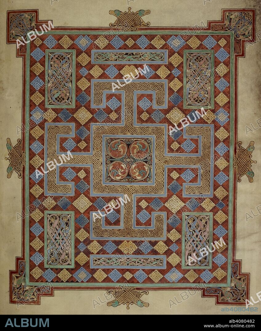 Carpet page. Lindisfarne Gospels. N.E. England [Lindisfarne]; 710-721. (Whole folio) Carpet page introducing St Luke's Gospel.  Image taken from Lindisfarne Gospels.  Originally published/produced in N.E. England [Lindisfarne]; 710-721. . Source: Cotton Nero D. IV, f.138v. Language: Latin with Anglo-Sax.