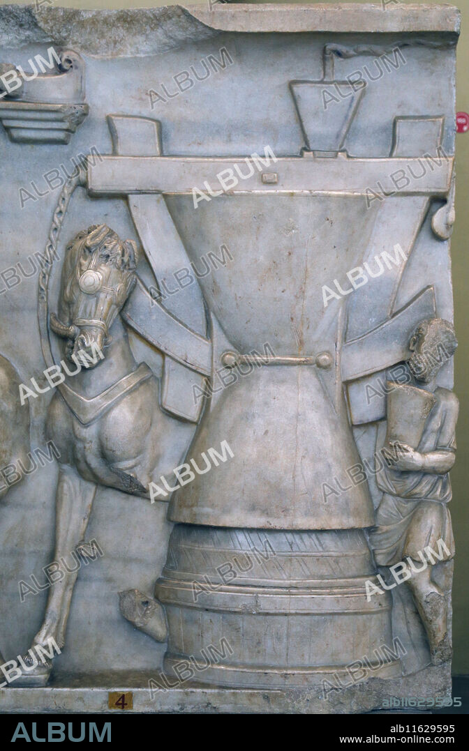 Roman relief. Horse turning a mill-stone for grinding wheat in a bakery. Marble. Sarcophagus, 3rd century AD. From Vigna Tre Madonne, near Porta San Giovanni, Rome. Rome, Vatican Museums(Chiaramonti).