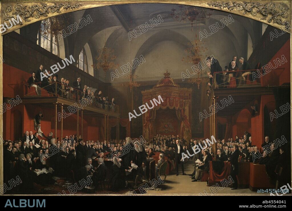 The House of Lords, 1820. The Trial of Queen Caroline. Painting by Sir George Hayter (1792-1871). Oil on canvas, 1820-1823. Portrayed: William, Duke of Clarence (1765-1837), later William IV; Theodore Majocchi; Arthur Wellesley (1769-1852), 1st Duke of Wellington;  Thomas Denman (1779-1854), 1st Baron Denman; Henry Brougham (1778-1868), 1st Baron Brougham and Vaux;  Queen Caroline (1768-1821); Charles Grey (1764-1845), 2nd Earl Gray; George Agar Ellis (1797-1833), 1st Baron Dover; Sir George Hayter (1792-1871). National Portrait Gallery. London, England, United Kingdom.