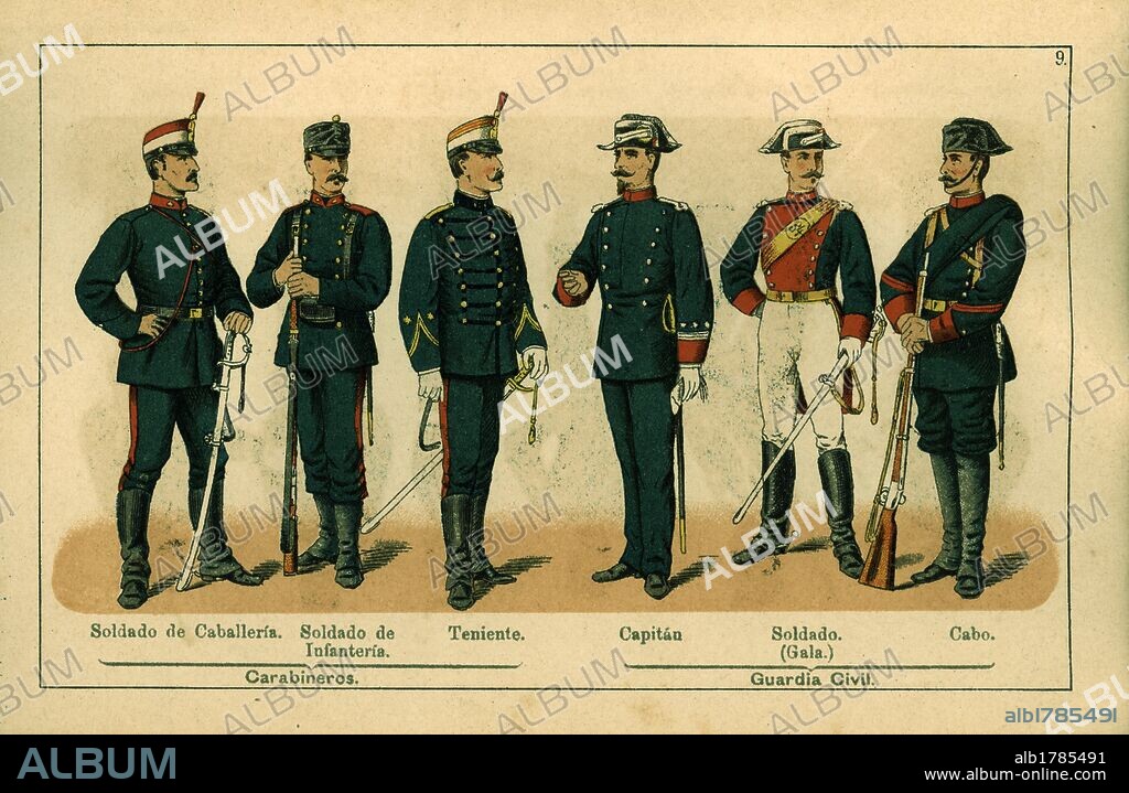 Uniformes del Ejército español. Año 1888. Carabineros y Guardia Civil.