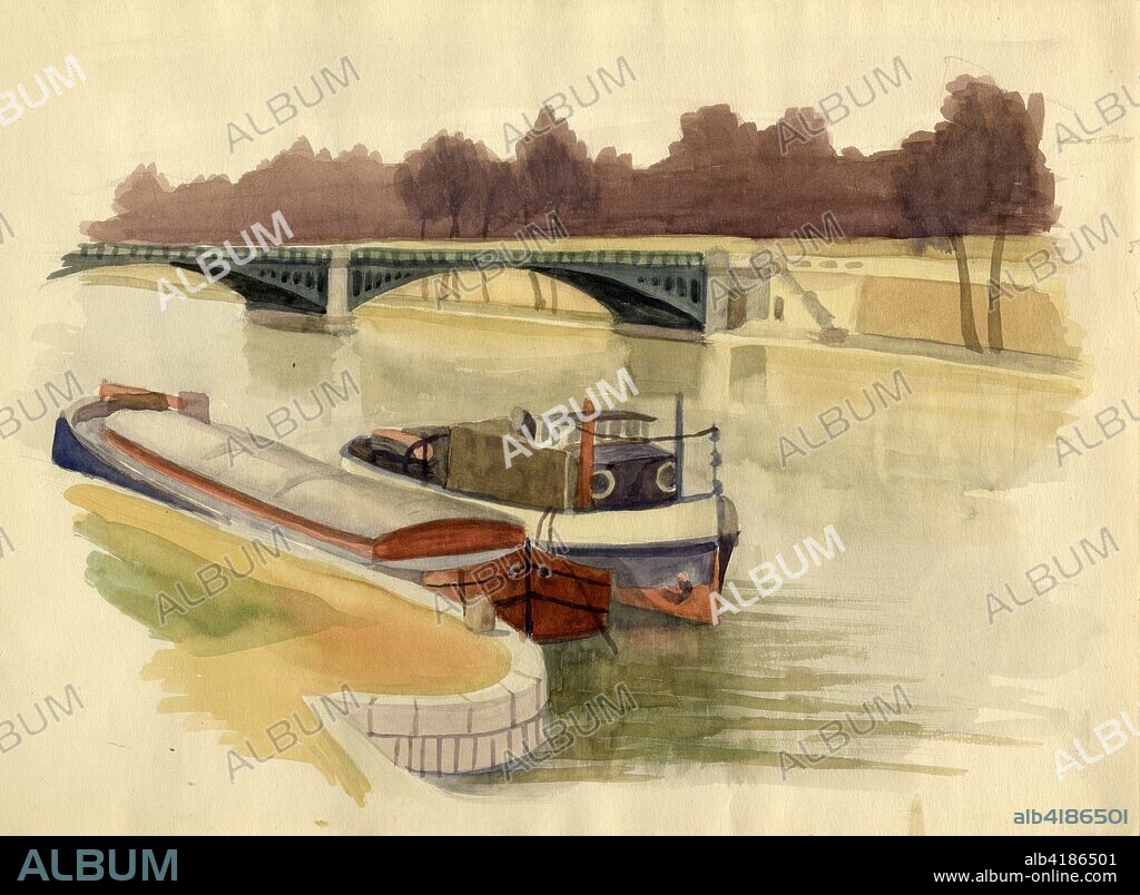 Barges on the River Thames near Battersea Bridge, London, c1951. Shirley Markham (1931-1999) studied Graphic Design and Illustration at Central School of Art in London from 1950-1952. The writer, artist, poet, and illustrator Mervyn Peake (1911-1968) was one of her tutors, and her style of drawing was also influenced by other British illustrators such as Edward Ardizzone, Quentin Blake and Edward Bawden. Markham spent time in the Dolomite Mountains in Italy, and also visited Rome, sketching classical buildings. After graduating from Central, she worked as a graphic designer, producing book illustrations, cartoons for comics, menus and programmes. She gave up her promising career however when she got married in 1957. Middle-class women at that time were expected to devote their energies to bringing up children and running the home, and despite her obvious talent, she lacked the confidence to return to illustration. Her portfolio remained in the family attic for many years, but now her work is published here for the first time.