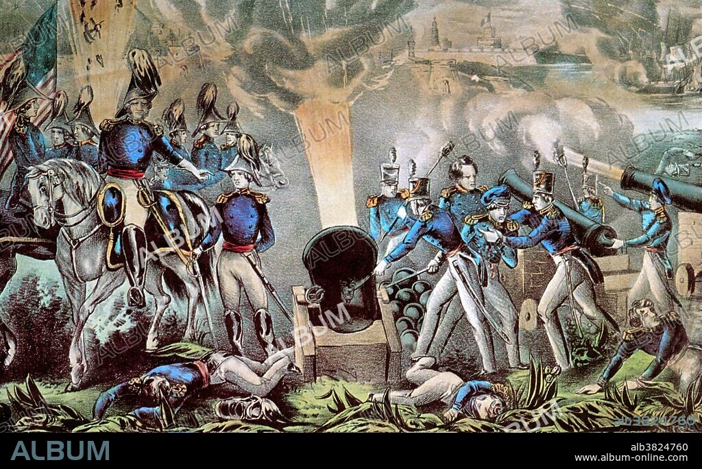 Lithograph entitled and captioned: "Siege of Veracruz, March, 1847. US Army under General Scott 12100. US Navy under Commander Perry. US loss 15 killed and 50 wounded. The bombardment commenced on March 22nd at four-fifteen PM, and was incessant day and night until the morning of the 26, at which time overtures were made for a capitulation of the city and also the Castle of San Juan de Ulloa (the Gibraltar of America). On March 27th the garrisons of both city and Castle surrendered as prisoners of war to the victorious arms of the United States." The Battle of Veracruz was a 20-day siege of the key Mexican beachhead seaport of Veracruz, lasting from March 9-29th in 1847. It began with the first large-scale amphibious assault conducted by United States military forces, and ended with the surrender and occupation of the city. The Mexican-American War was an armed conflict between the United States of America and Mexico from 1846 to 1848 in the wake of the 1845 US annexation of Texas. Combat operations lasted from spring 1846 to fall 1847.