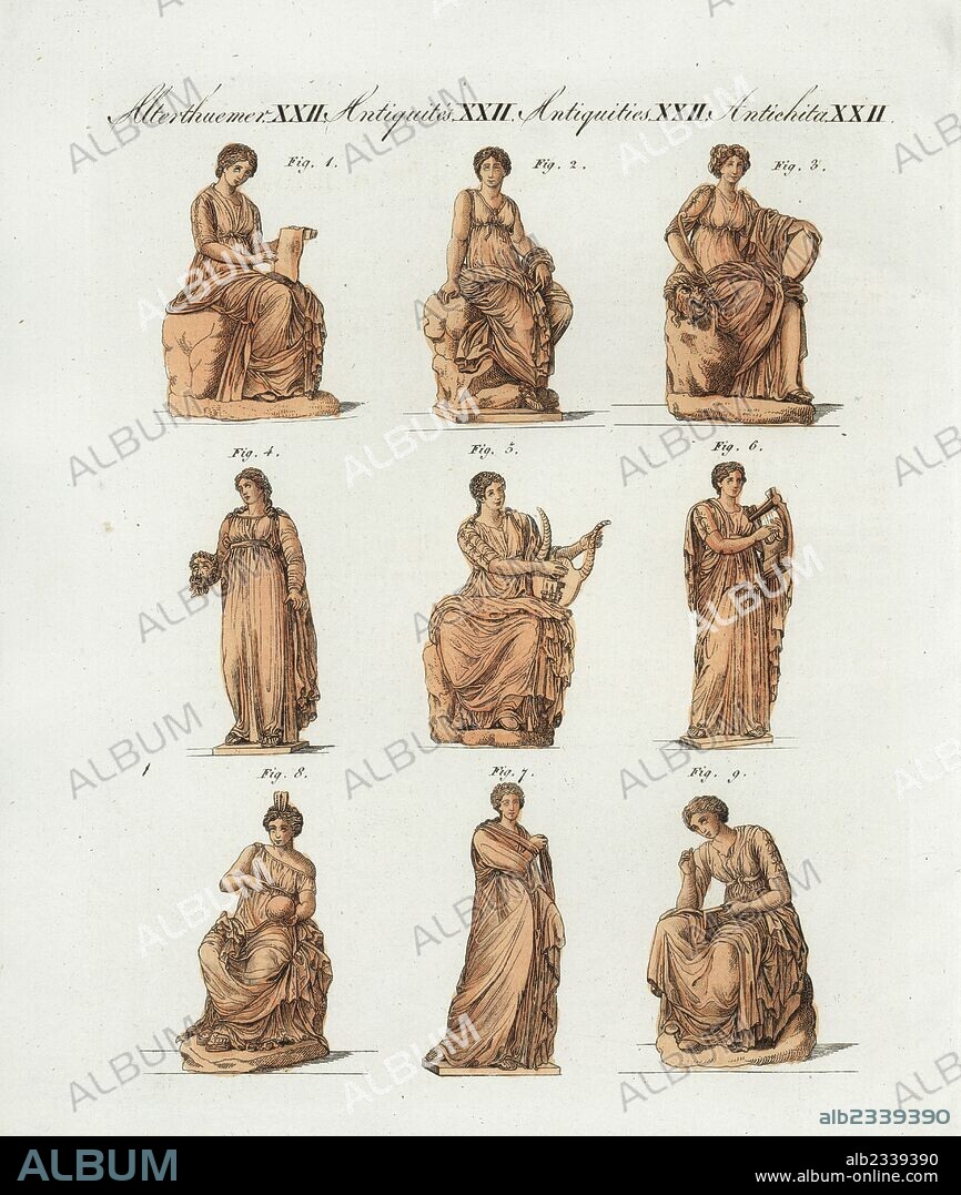 Greek and Roman gods: the Muses. Clio 1, Euterpe 2, Thalia 3, Melpomene 4, Terpsichore 5, Erato 6, Polyhymnia 7, Urania 8 and Calliope 9. Handcoloured copperplate engraving from Bertuch's "Bilderbuch fur Kinder" (Picture Book for Children), Weimar, 1805. Friedrich Johann Bertuch (1747-1822) was a German publisher and man of arts most famous for his 12-volume encyclopedia for children illustrated with 1,200 engraved plates on natural history, science, costume, mythology, etc., published from 1790-1830.