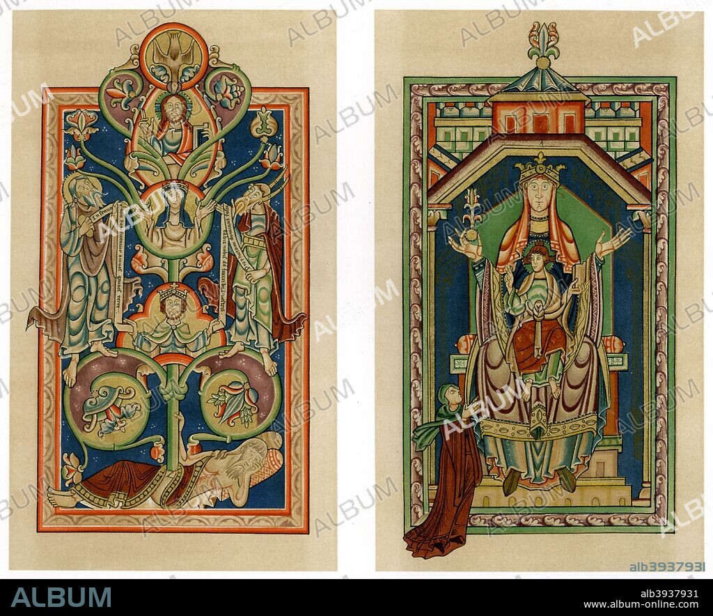 Tree of Jesse and Virgin and Child enthroned, c1130-1140. The Tree of Jesse, flanked by Abraham and Moses, and the Virgin and Child enthroned, within an architectural framework. An abbess kneels at the Virgin's feet, probably the Abbess of Shaftesbury who commissioned the Shaftesbury Psalter from which the images are taken. Illustration from Illuminated Manuscripts in the British Museum, Miniatures, Borders, and Initials by George F Warner, series III, (British Museum, London, 1899).