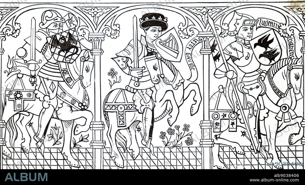 Woodcut engraving depicting Joshua, David and Judas Maccabeus as Crusader Knights. Judas Maccabeus, a Jewish priest who led the Maccabean Revolt against the Seleucid Empire. Dated 15th century.