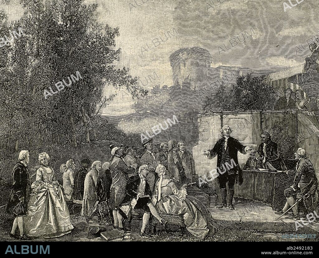 Carlo Goldoni (1707-1793), Italian playwright, reciting one of his comedies in the Scotto Garden in Pisa. Engraving.