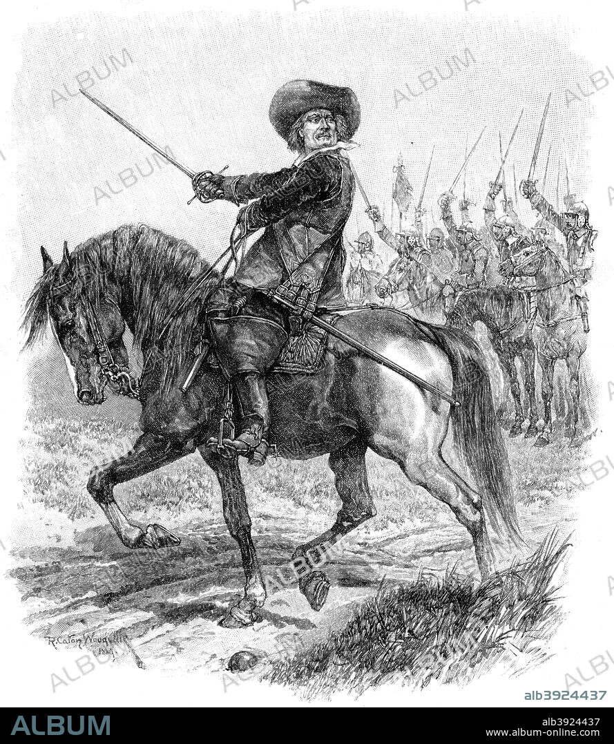 Cromwell at the Battle of Marston Moor, 2 July 1644, (19th century). The Parliamentarians under Thomas Fairfax defeated the Royalists at this battle in Yorkshire. Cromwell (1599-1658) commanded the Parliamentarian cavalry that defeated the previously invincible Royalist cavalry of Prince Rupert. Marston Moor was a turning point in the English Civil War as it effectively lost the Royalists the north of England. Illustration from Harper's New Monthly Magazine.