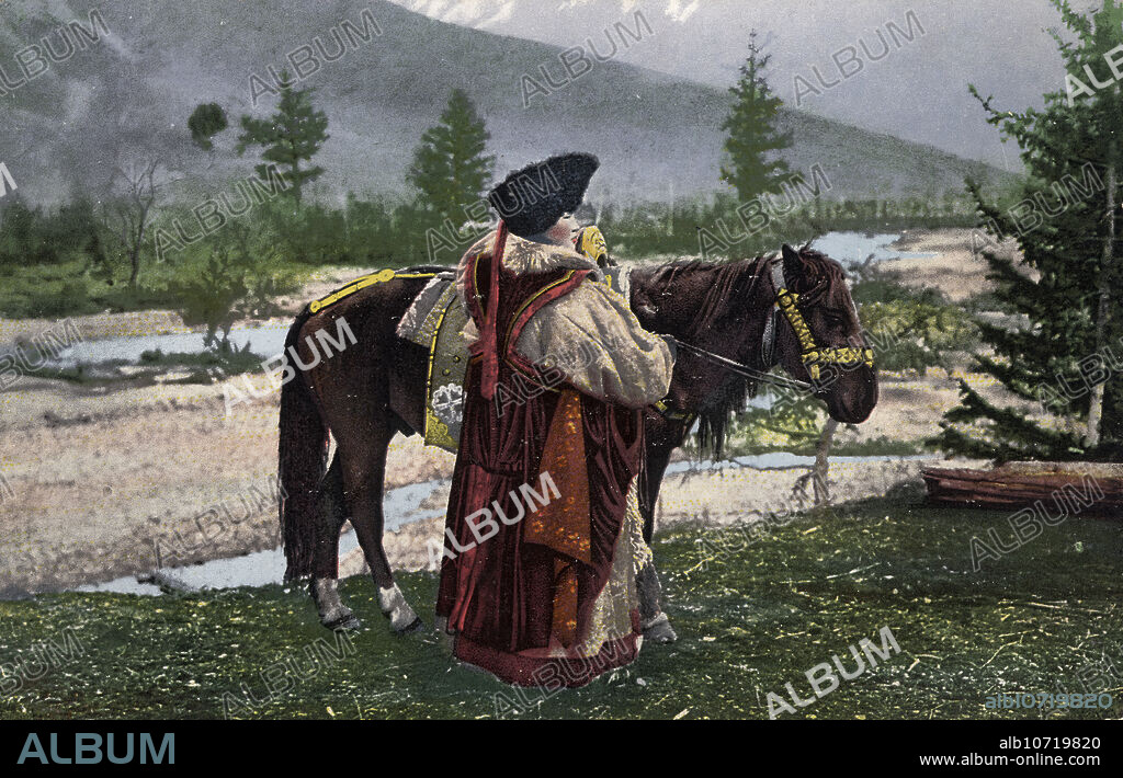 SERGEI IVANOVICH BORISOV. Altai Woman in National Costume (Hat: Kuaraan Boruk, Sheepskin Coat: Ton, Sleeveless Garment: Chegedek; Clothing of a Married Woman) with a Horse, 1911-1913. From a collection of color postcards of the Altay, or Altai, Mountains region of southern Siberia early in the 20th century. In 1907, Borisov began his expedition in the Altay Mountains, which lasted until 1911. He took around 1,500 photographs during this expedition, which, upon his return to Barnaul, he presented to the public through the use of a magic lantern. The photographs depict views of nature in remote corners of the Altay Mountains and the Altay and Kazakh peoples indigenous to this region. Borisov offered the photographs to various European publishers for the production of postcards. Altai State Regional Studies Museum.