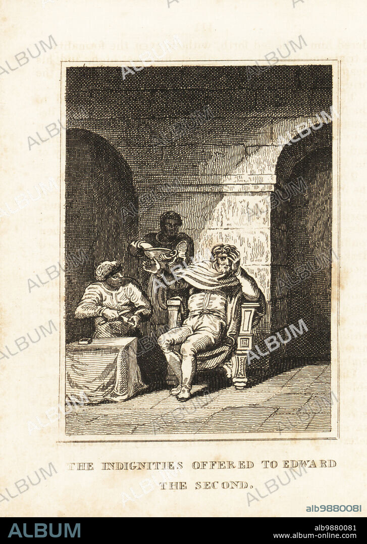 King Edward II with his murderers Thomas de Gournay and John Montravers in Berkeley Castle, 1327. One sharpens a blade and another holds a bowl. The indignities offered to Edward the Second. Copperplate engraving from M. A. Jones History of England from Julius Caesar to George IV, G. Virtue, 26 Ivy Lane, London, 1836.