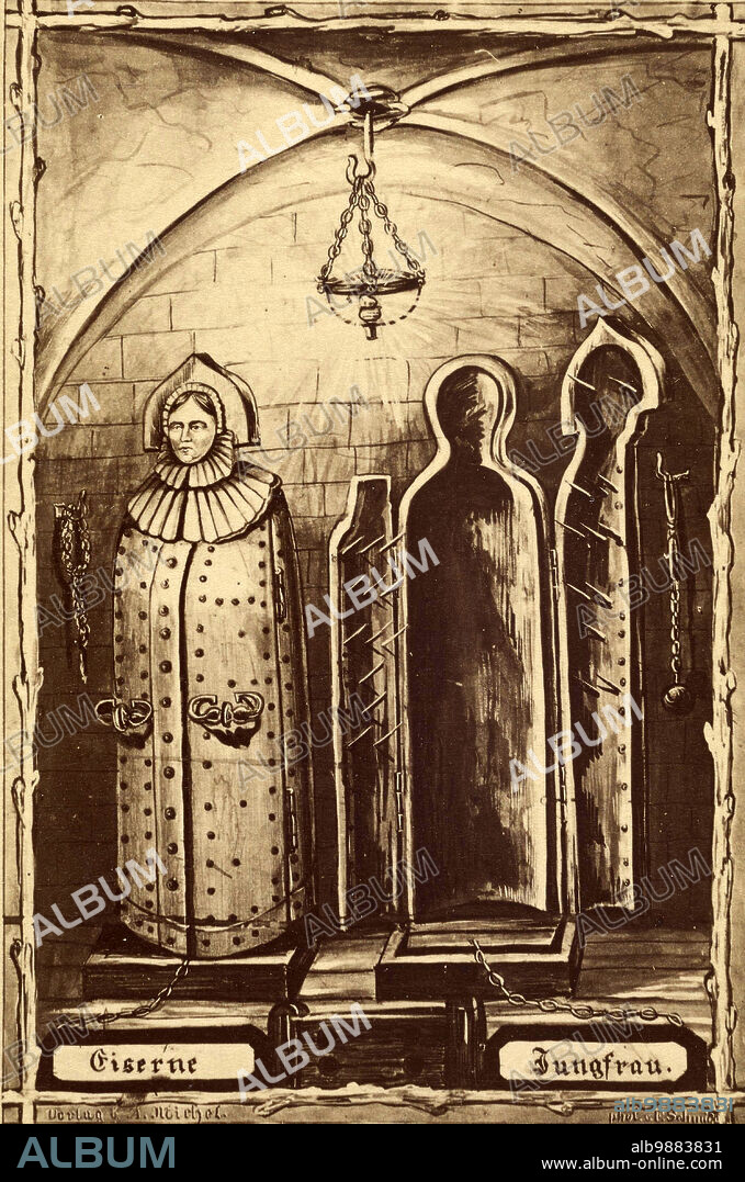 Folterinstrument Iron Maiden, Eiserne Jungfrau, Nurnberger Jungfrau, Gerat, das zur Folterung und Hinrichtung von Menschen benutzt, in der Burg von Nurnberg, 1800, Bayern, Deutschland, Historisch, digital restaurierte Reproduktion von einer Vorlage aus dem 19. Jahrhundert.