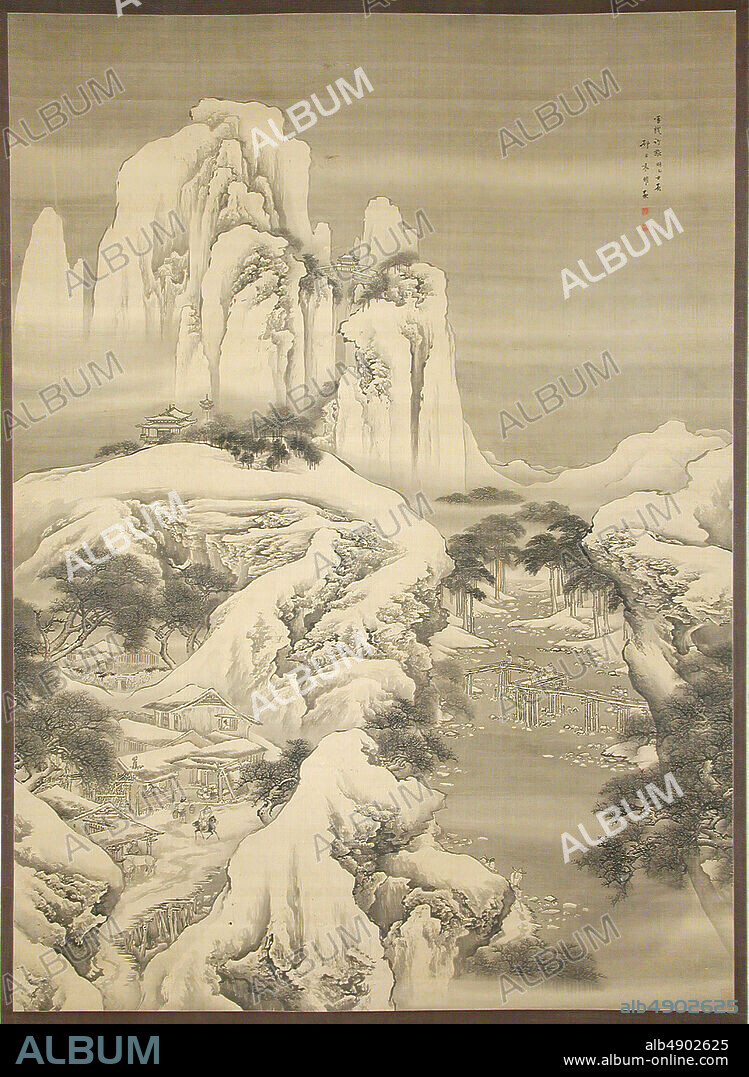 Yuan Yao, Inn and Travelers in Snowy Mountains, China, Qing dynasty (16441911), Yuan Yao (Chinese, active 1730after 1778), dated 1745, China, Hanging scroll; ink and color on silk, Image: 67 1/4 x 48 3/4 in. (170.8 x 123.8 cm), Overall with mounting: 121 3/4 x 50 1/2 in. (309.2 x 128.3 cm), Overall with knobs: 121 3/4 x 54 1/2 in. (309.2 x 138.4 cm), Paintings.