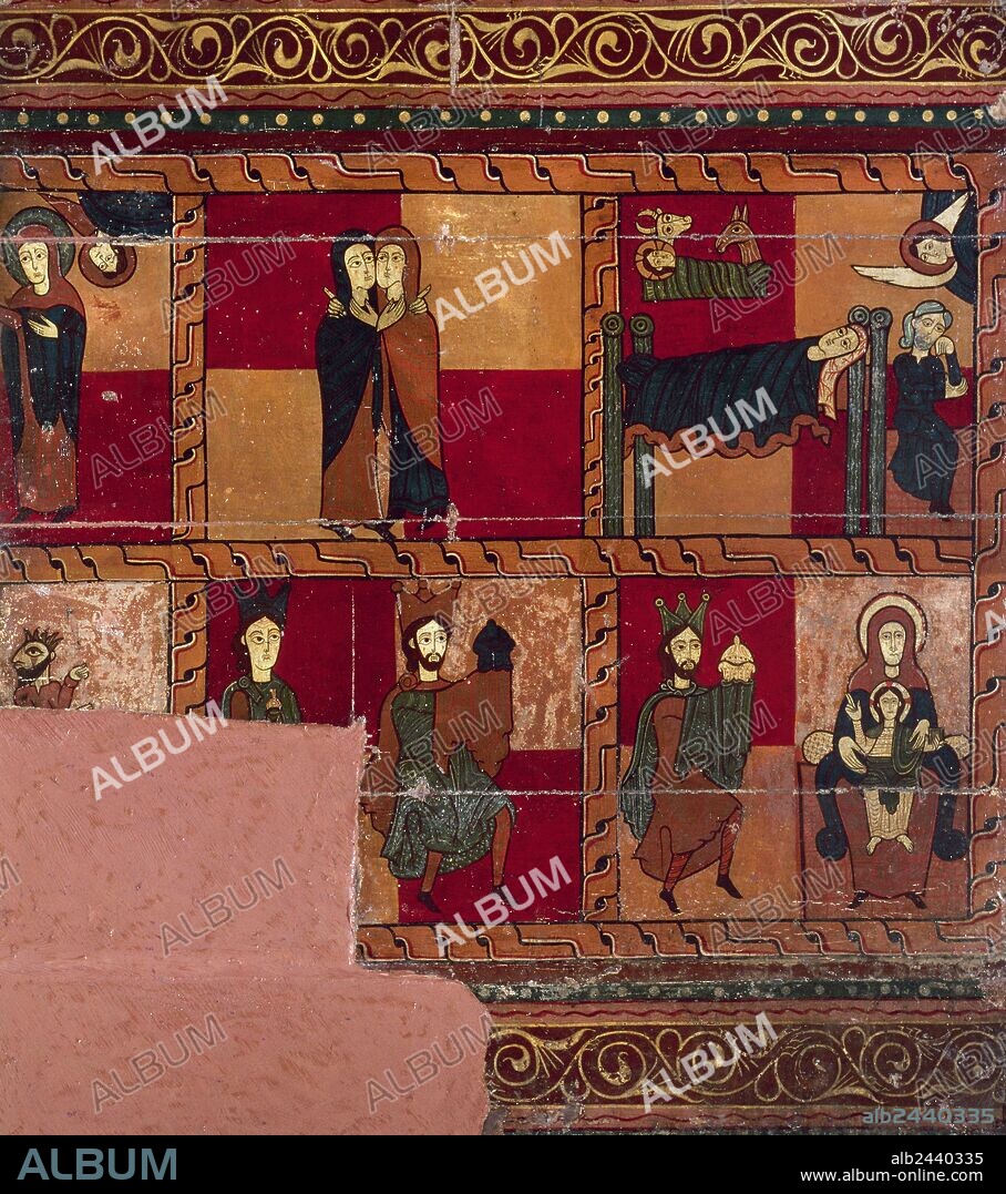 ARTE ROMANICO. ESPAÑA. SIGLO XII. PARTE LATERAL DEL ALTAR DE SAGAS. Pintura al temple sobre madera (94 x 82 cm). Detalle de La Visitación, Natividad y La Epifanía. Museu Comarcal i Diocesà de Solsona. Provincia de Lleida. Cataluña.