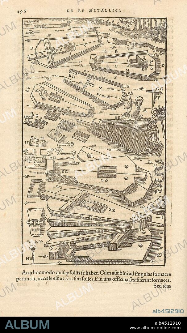 Structure of the bellows, Wood panels, hinges and other parts of the bellows, woodcut, p. 296, (Liber nonus), Manuel, Hans Rudolf (graveur sur bois), 1556, Georgius Agricola: De re metallica libri XII: quibus officia, instrumenta, machinae, ac omnia denique ad metallicam spectantia, non modo luculentissime describuntur, sed & per effigies (...). Basileae: [Froben], 1556.