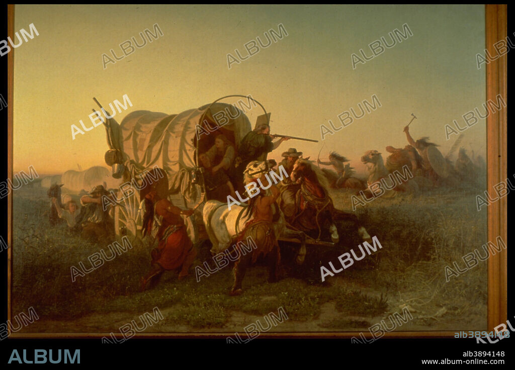 CHARLES FERDINAND WIMAR. The Attack on an Emigrant Train. Date/Period: 1856. Painting. Oil on canvas. Width: 200.8. Height: 139.9 (work).