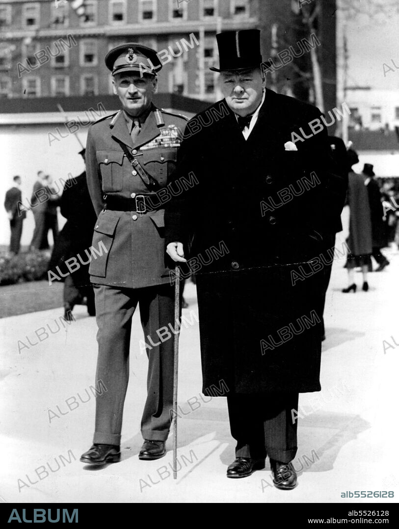 Tribute To A President: The Roosevelt Memorial : Mr. Winston Churchill and Field Marshal Viscount Montgomery leaving after the unveiling ceremony of the Roosevelt statue this morning (Monday).Built by public subscription of the people of Britain as a tribute to the late President Franklin Roosevelt. America's wartime leader, the seven-ton bronze statue by Sir William Reid Dick was unveiled by Mrs. Eleanor Roosevelt in the presence of The King and Queen, the two Princess and representative members of the Government in Grosvenor-square, London, this morning (Monday). April 12, 1948.