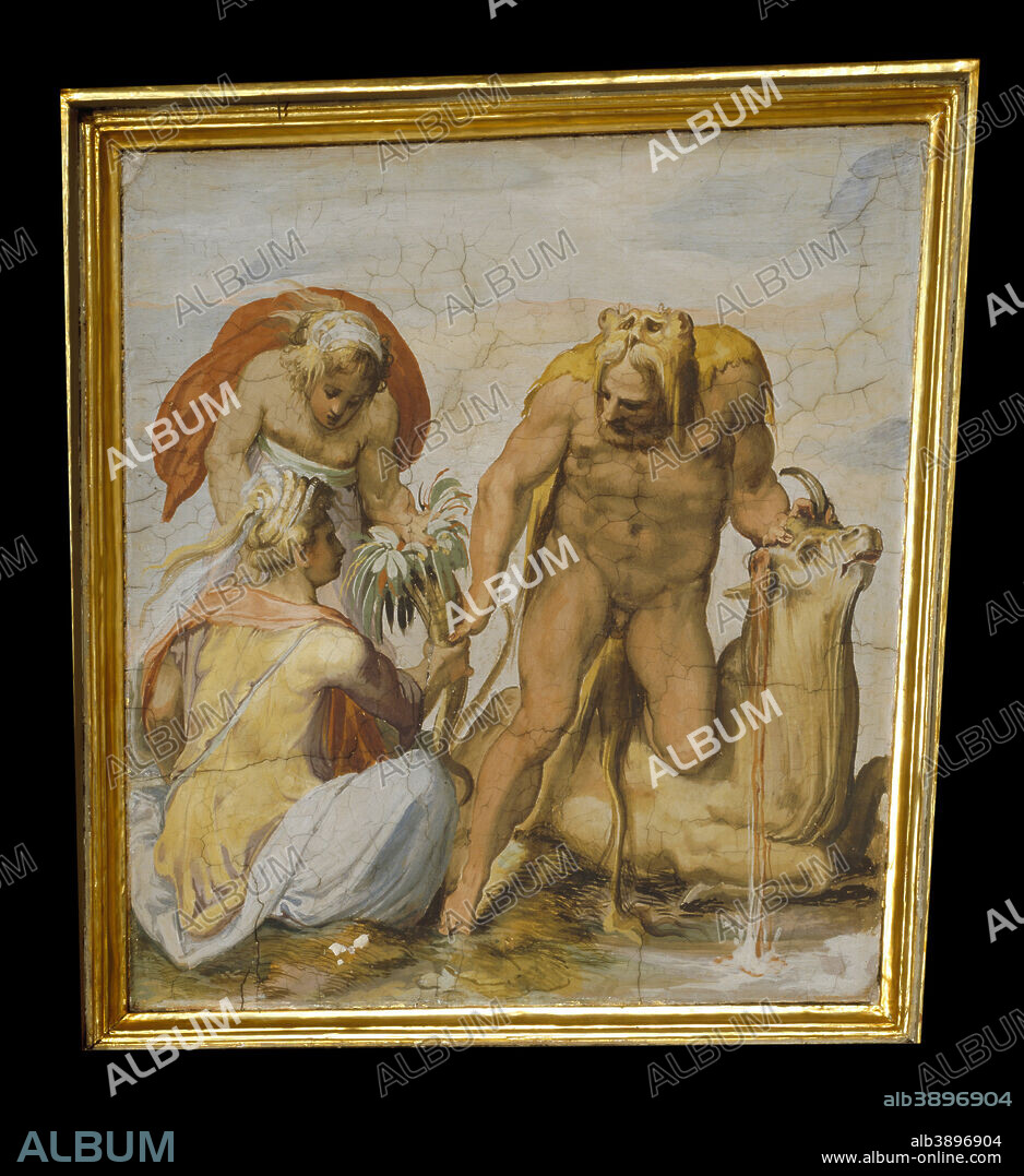 MARCO MARCHETTI FROM FAENZA. Hercules kills the bull from Crete. Date/Period: 1556 - 1557. Oil painting on wood. Height: 85 mm (3.34 in); Width: 75 mm (2.95 in).