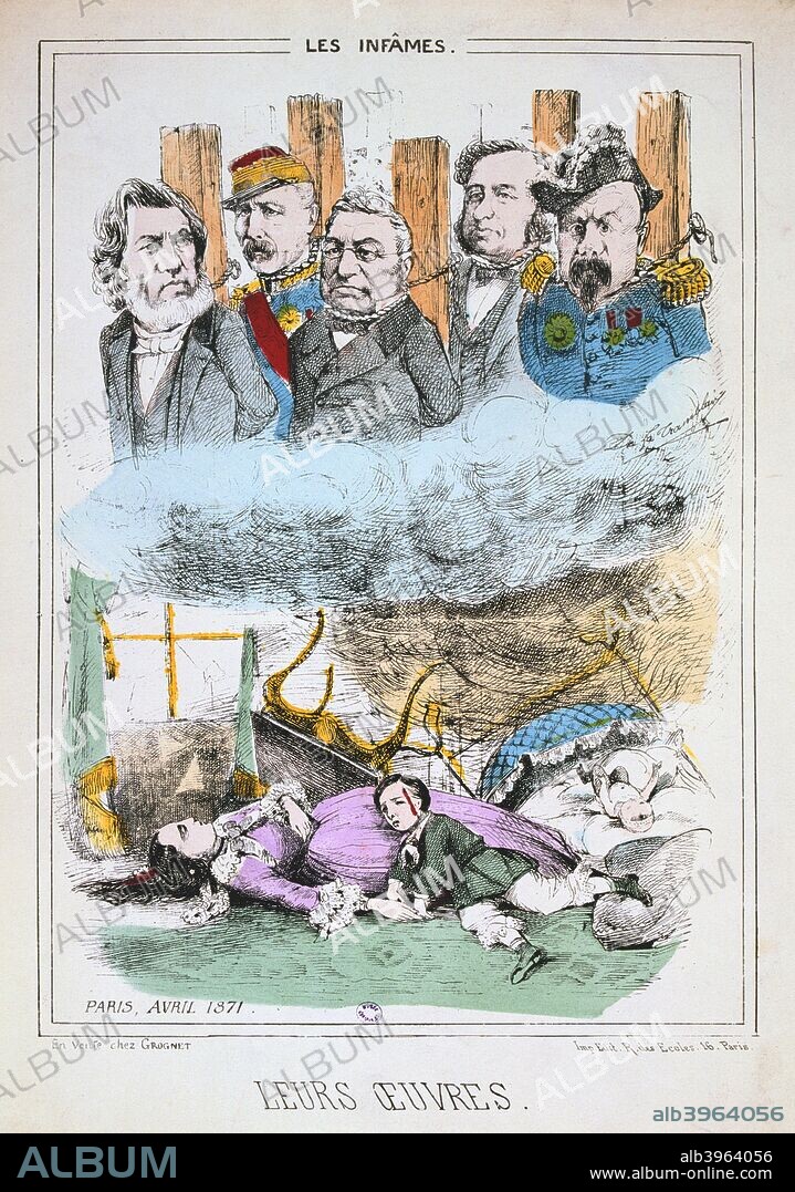 'Les Infames', Paris Commune, April 1871. Anti-government cartoon portraying the leaders of the French government exiled to Versailles after the establishment of the Paris Commune being burnt at the stake for the crime of abandoning the bourgeois citizens of Paris to their fate at the hands of the left-wing Communards. From a private collection.