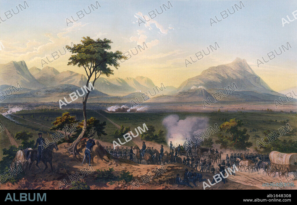 Capture of Monterey' hand-coloured lithograph after Carl Nebel. Mexican-American War 1846-1848, Battle of Monterrey 21-24 September 1846. Mexican Army of the North under General Pedro de Ampudia plus reinforcements including Irish-American volunteers (Saint Patrick's Battalion) were defeated by American forces under General Zachary Taylor.