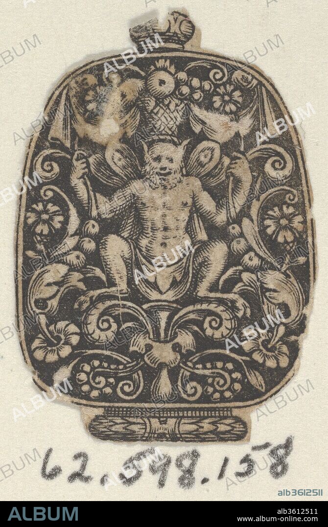 Design for a Sword Pommel with a Crouching Satyr. Artist: Theodor de Bry (Netherlandish, Liège 1528-1598 Frankfurt). Dimensions: Sheet (trimmed): 1 1/4 × 7/8 in. (3.2 × 2.3 cm). Date: 1592-93.
Pommel design trimmed from the center right of larger plate with another pommel design to the left and hilt designs above and below (Jessen I.114.2). At center of oval design, a crouching male figure with goat's legs and insect wings holding onto scrolling tendrils at either side. Above, a basket of fruit flanked by draped cloth.