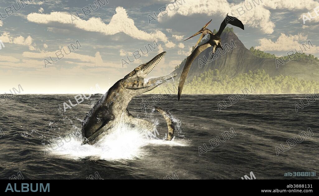 A Tylosaurus jumps out of the water, attacking a Pteranodon during the Mid-Cretaceous Period in the central sea spanning North America from Canada to Mexico.