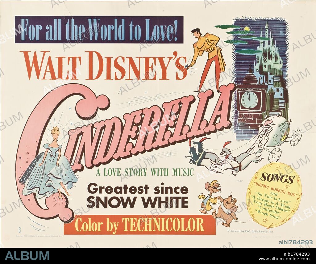 Poster of CINDERELLA, 1950, directed by CLYDE GERONIMI, HAMILTON LUSKE and WILFRED JACKSON. Copyright WALT DISNEY PRODUCTIONS.