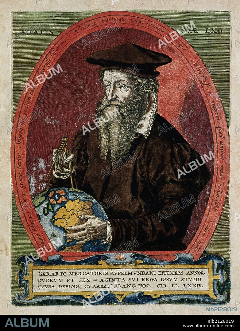 MERCATOR, Gerhardus (Rupelmonde, 1512-Duisburgo, 1594). Geógrafo flamenco de verdadero nombre Gerhard KREMER, que inventó un sistema de representación cartográfica. Grabado coloreado de 1595.