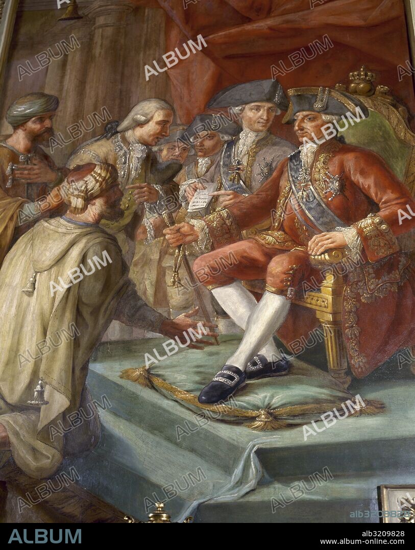Charles III (1716-1788). King of Spain. Peace between the spanish king Charles III and the Tripoli Regency. Painting by Pere Pau Muntanya (1749-1803). Hall of Charles III in the ancient Customs Palace. Barcelona. Catalonia. Spain.