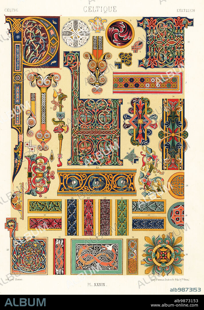 Celtic manuscript ornament, 7th to 11th centuries. From the Gospels of Durrow 1-6, Book of Kells 7,8, Royal Manuscripts 9,10, Codex Aurens 11, Gospels of Thomas 12, Commentaries on the Psalms 13, Gospel of St Chad 15, Psalter 15, Gospels of Mac Durnan 16,17, Latin Gospels 18, Codex Vossianus 19-21, St Ethelwulf's Benedictionale 22, Grand Latin Psalter 23,24, Arundel Psalter 25-33, and illuminated initials from the Abbey of St Germain des Pres 34-37. Celtique. Hand-finished chromolithograph by Bauer from Albert-Charles-Auguste Racinets LOrnement Polychrome, (Polychromatic Ornament), Firmin-Didot, Paris, 1869-73.