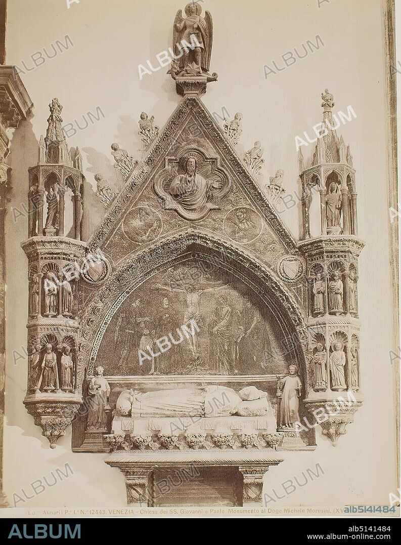 Church SS. Giovanni e Paolo, Tomb of the Doge Michele Morosini, Venice, albumin paper, black and white positive process, image size: height: 25,70 cm; width: 19,60 cm, VENEZIA - Chiesa dei SS. Giovanni e Paolo. Monumento al Doge Michele Morosini. (XV Secolo?) Marked with lead: died 1382nd, travel photography, architectural photography, interior of a church, sculpture, sculpture, sculpture art, funeral monument, archangel Michael, crucifixion, Venice.
