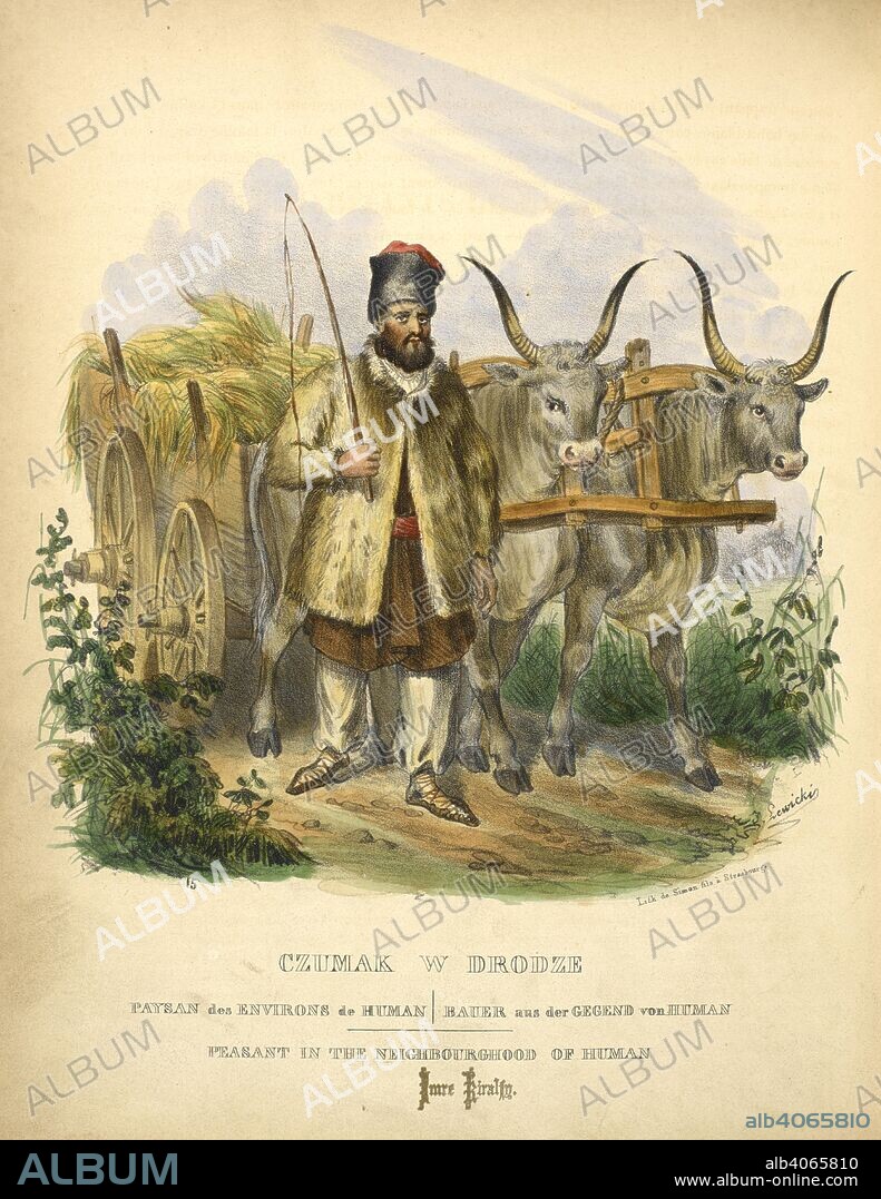 LEON ZIENKOWICZ and J LEWICKI. Peasant in the neighbourhood of Human. A farmer with oxen. . Les Costumes du peuple polonais, suivis d'une description exacte de ses mÅ“urs, de ses usages et de ses habitudes: Ouvrage pittoresque. Paris, 1841. Source: 7744.dd.5 plate 28 opposite page 77.