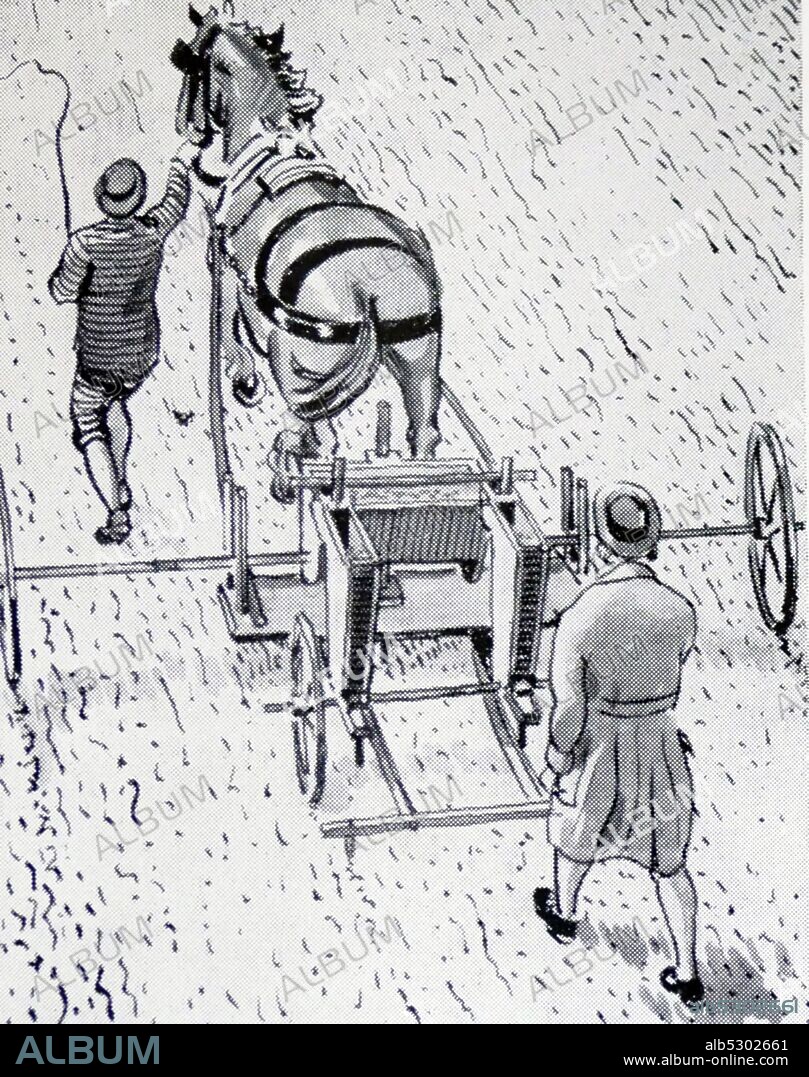 Illustration showing the seed drill developed by Jethro Tull (agriculturist) (1674-1741).
