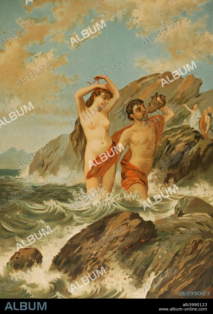 Friné, hetaira griega, célebre por su belleza. Fue la amante y modelo de Praxíteles. Friné durantes las Fiestas de Venus. Cromolitografía. La Civilización, tomo II, 1881. Biblioteca Histórico Militar de Barcelona. Cataluña, España.