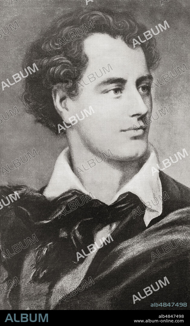 George Gordon Byron, 6th Baron Byron, 1788 â€“ 1824, aka Lord Byron.  English nobleman, poet, peer, politician, and leading figure in the Romantic movement.  From The International Library of Famous Literature, published c. 1900.
