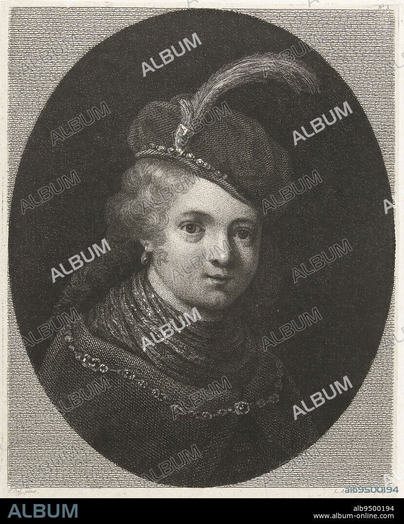 Portrait of a boy with a feather on his cap, print maker: Lambertus Antonius Claessens, (mentioned on object), after: Ferdinand Bol, (mentioned on object), Paris, c. 1829 - c. 1834, paper, etching, engraving, h 175 mm × w 138 mm.