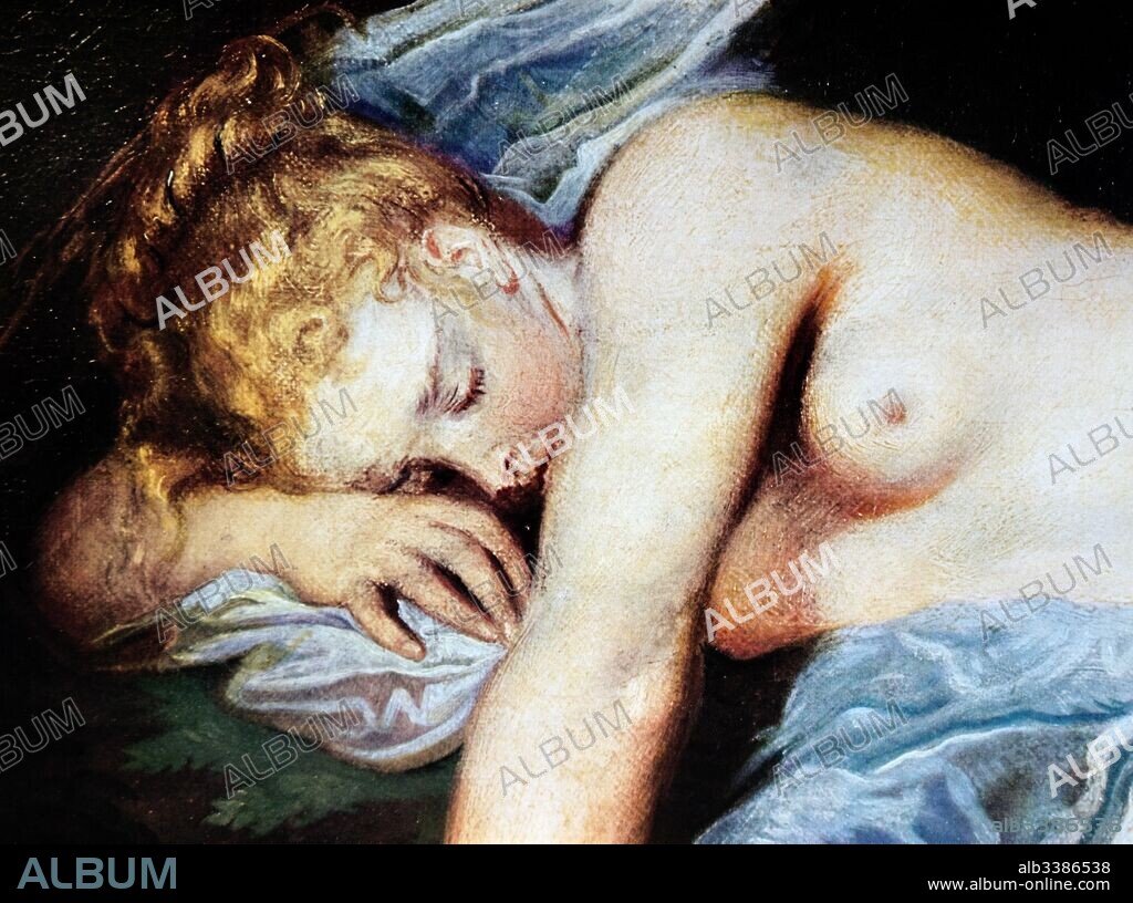 Detail from 'Jupiter and Antiope' 1712 by Jean-Antoine Watteau (1684 - 1721). Antoine Watteau, was a French painter whose career spurred the revival of interest in colour and movement, as seen in the tradition of Correggio and Rubens. He revitalized the waning Baroque style, shifting it to the less severe, more naturalistic, less formally classical Rococo.