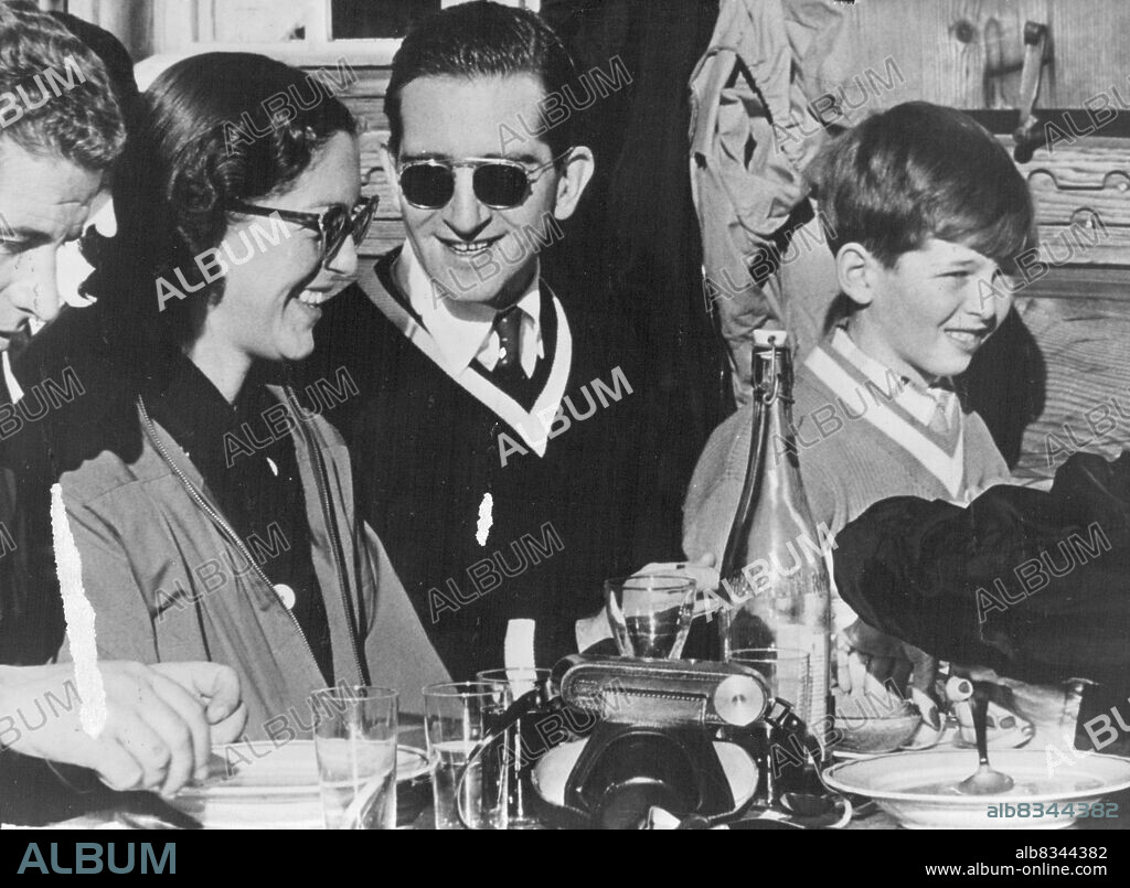 Yugoslav Royal Family Reunited Photographed at Gstaad in the Bernese Oberland, Switzerland, Ex-King Peter of Yugoslavia with his wife Alexandra and their 11-year-old son Alexander. On the left, Captain Rade Petrovic, aide-de-camp to ex-King Peter. January 25, 1955. (Photo by Camera Press).