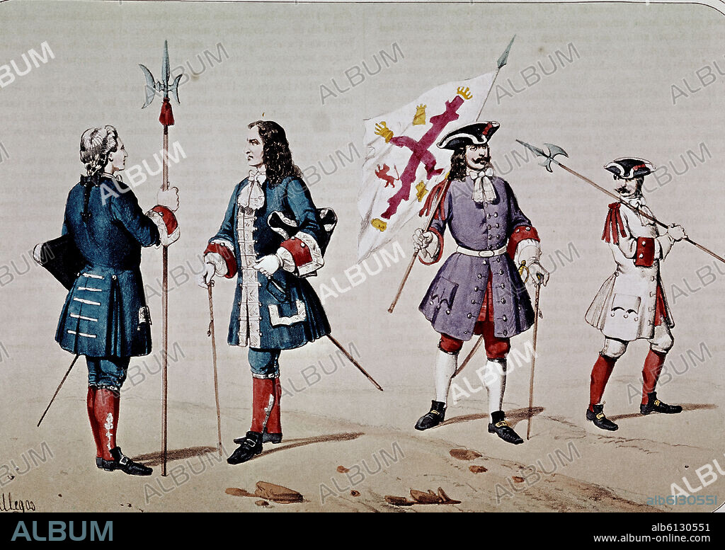 JOSE RUBIO DE VILLEGAS. INFANTERIA DE LA DINASTIA BORBONICA - 1700 A 1718-ALABARDEROS E INFANTERIA DE LINEA-LITOGRAFIA- SIGLO XVIII.