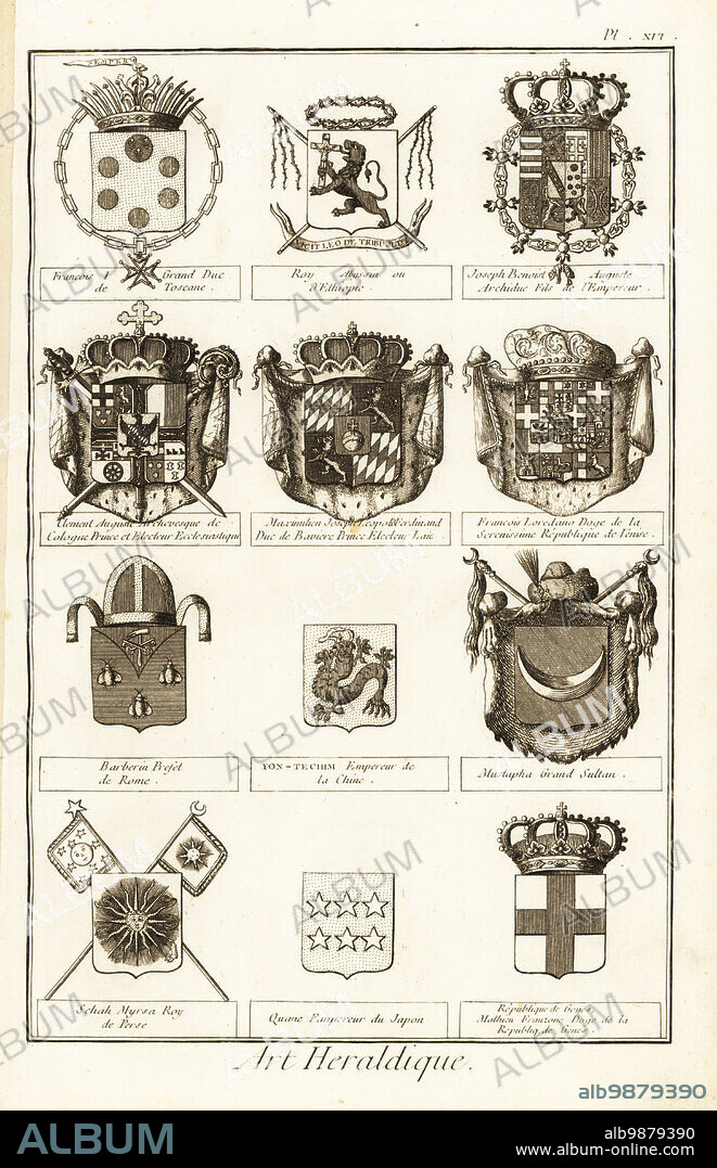 Coats of arms of kings, emperors and sultans. Includes Francois I, Duke of Tuscany, Iyoas I, Emperor of Ethiopia, Francesco Loredan, Doge of Venice, Quianlong, Emperor of China, Mustafa III, Sultan of the Ottoman Empire, etc. Copperplate engraving by Robert Benard from Blason ou Art Heraldique, the heraldry section from Denis Diderot and Jean-Baptiste le Rond dAlemberts Encyclopedie, published by Brisson, David, Le Breton and Durand, Paris, 1763.