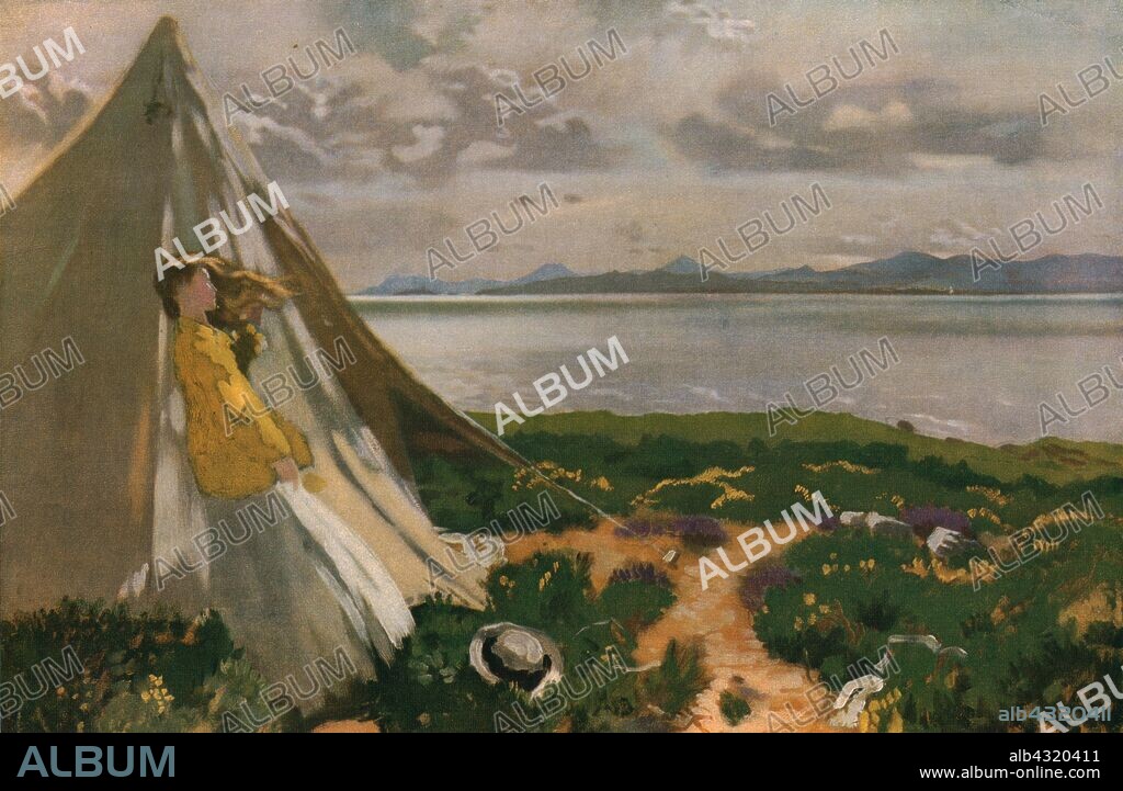 WILLIAM NEWENHAM MONTAGUE ORPEN. 'A Breezy Day: Howth Head', early 20th century, (c1930). Woman looking out to the Irish Sea at Howth Head, a peninsula on the east coast of Ireland. Painting in the Dublin City Gallery, The Hugh Lane, Dublin. From "Modern Masterpieces of British Art". [The Amalgamated Press Ltd., London, c1930].