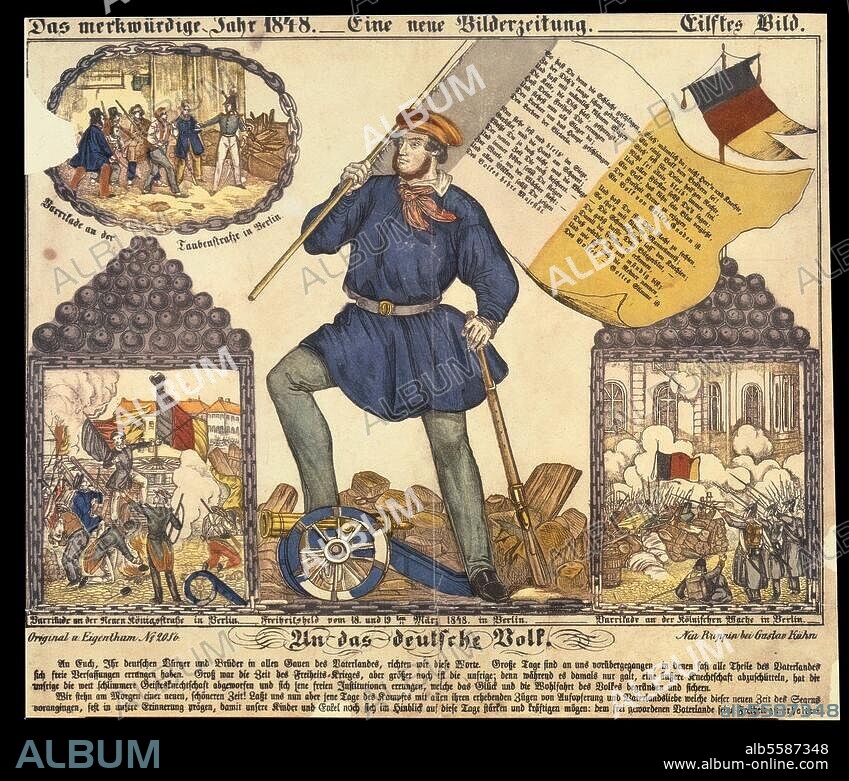 ANONYM. Revolution 1848/49: Straßenkämpfe in Berlin am 18./19. März 1848. "Freiheitsheld vom 18. und 19. März 1848 in Berlin". Farblithographie, zeitgenössisch. Neuruppiner Bilderbogen Nr. 2056. Nr. 11 der Folge: Das merkwürdige Jahr. 1848, Eine neue Bilderzeitung.