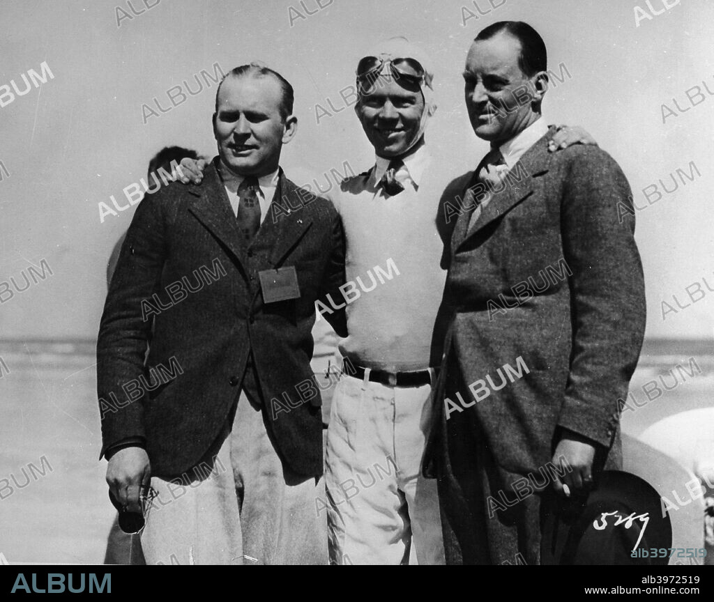 Malcolm Campbell, Frank Lockhart, Ray Keech (right to left) at Daytona, Florida, 1928. The three contenders for the world land speed record. Lockhart drove a Stutz Blackhawk Special, Keech drove a White Triplex and Malcolm Campbell drove his new Bluebird. Keech achieved a land speed record of 207.553mph in April of 1928 at Daytona Beach.
