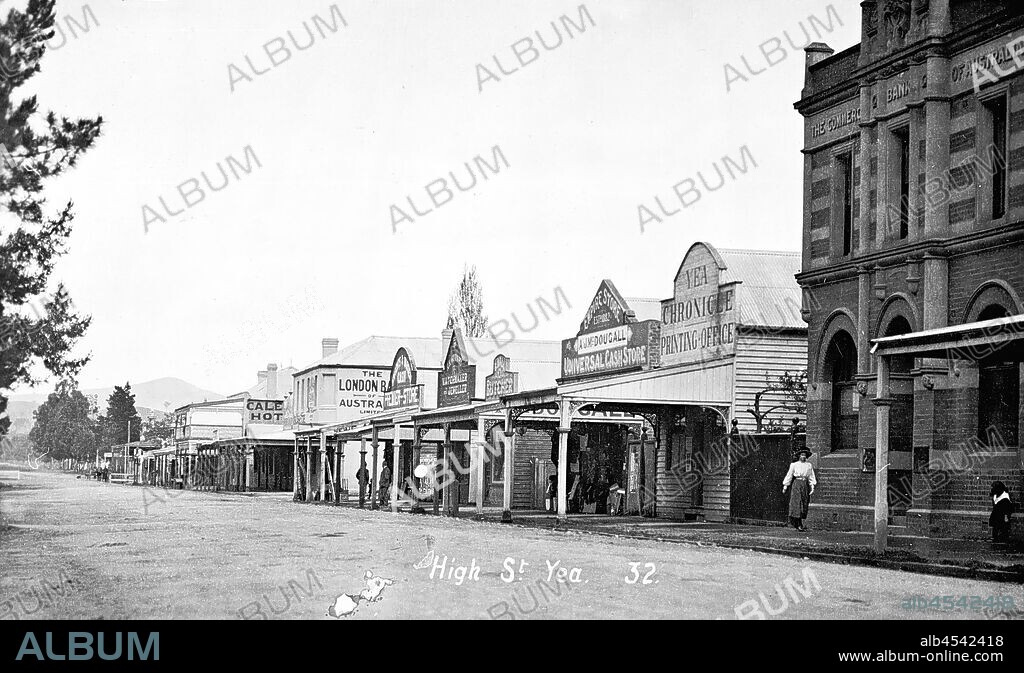 Negative - Yea, Victoria, circa 1910, High Street, Yea with the Caledonian Hotel, the London Bank, the Yea Chronicle Printing Office and the Universal Cash Store.