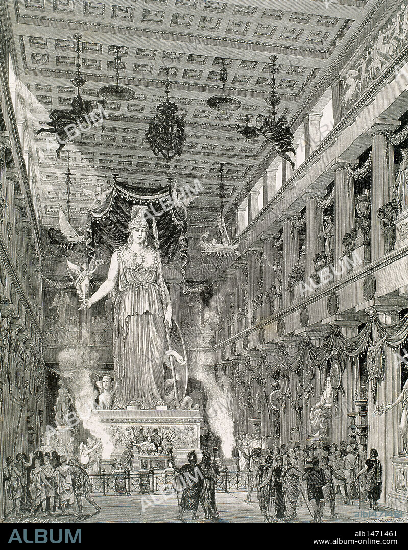 HISTORIA DE LA ANTIGUA GRECIA. ATENAS. PARTENON. Reconstrucción del interior del templo, la CELLA donde estaba ubicada la estatua de la Diosa Partenos, obra de Fídias. Grabado.